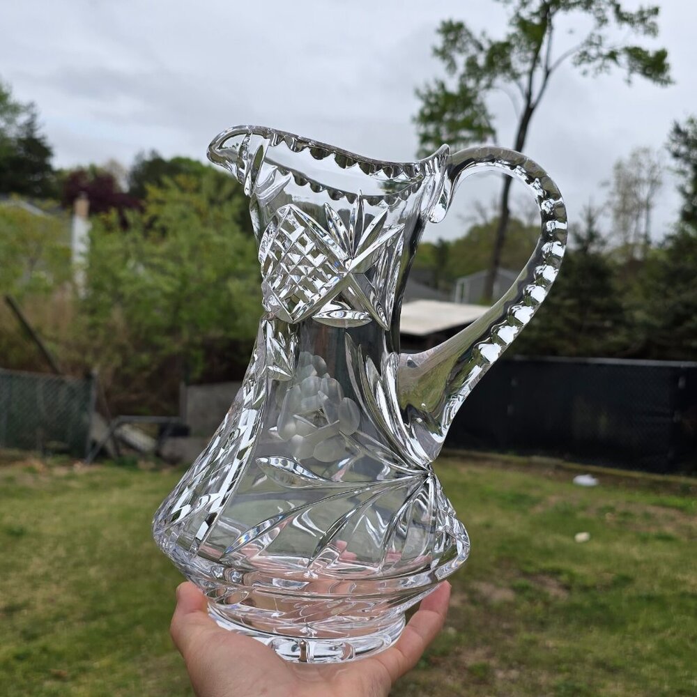 Etched Heavy Cut Crystal Pitcher Decanter Handle Floral Motif - Picture 7 of 14